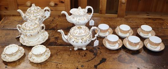 Various 19th century gilt and white tea wares, some banded in pink, including pots, cups, saucers, sucrier etc